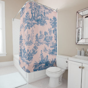 French toile de jouy blue and pink elegant shower curtain