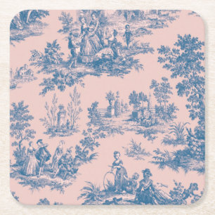 French toile de jouy blue and pink elegant square paper coaster
