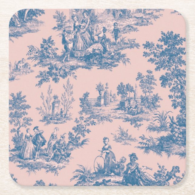 French toile de jouy blue and pink elegant square paper coaster (Front)