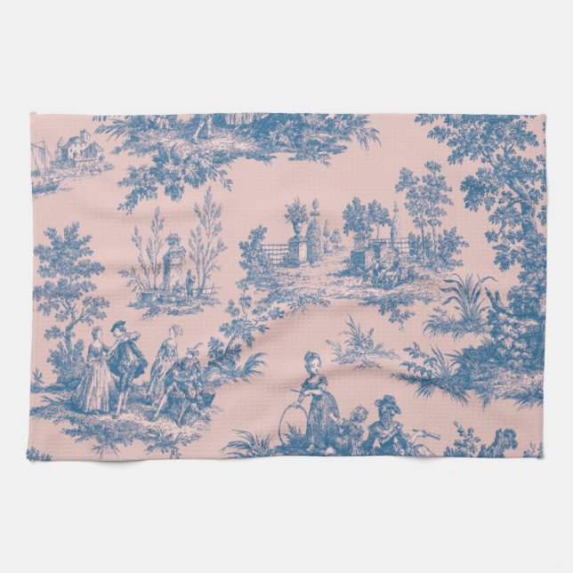 French toile de jouy blue and pink elegant tea towel (Horizontal)