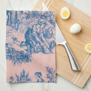 French toile de jouy blue and pink elegant tea towel