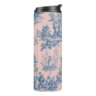 French toile de jouy blue and pink elegant thermal tumbler