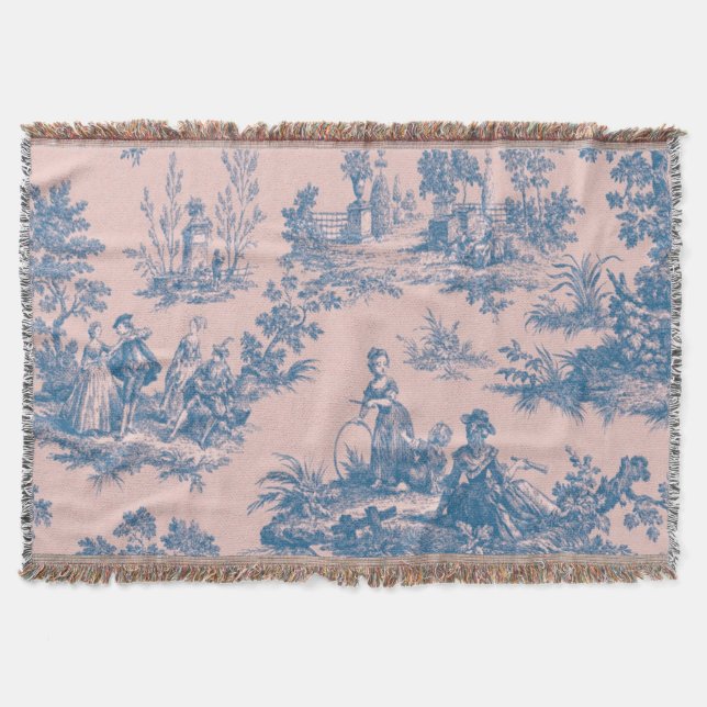 French toile de jouy blue and pink elegant throw blanket (Front)