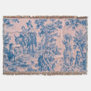 French toile de jouy blue and pink elegant throw blanket