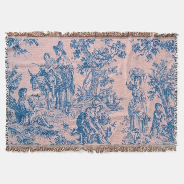 French toile de jouy blue and pink elegant throw blanket (Front)