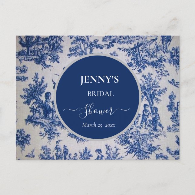 French Toile de Jouy Blue and White Bridal Shower Announcement Postcard (Front)