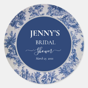 French Toile de Jouy Blue and White Bridal Shower Classic Round Sticker