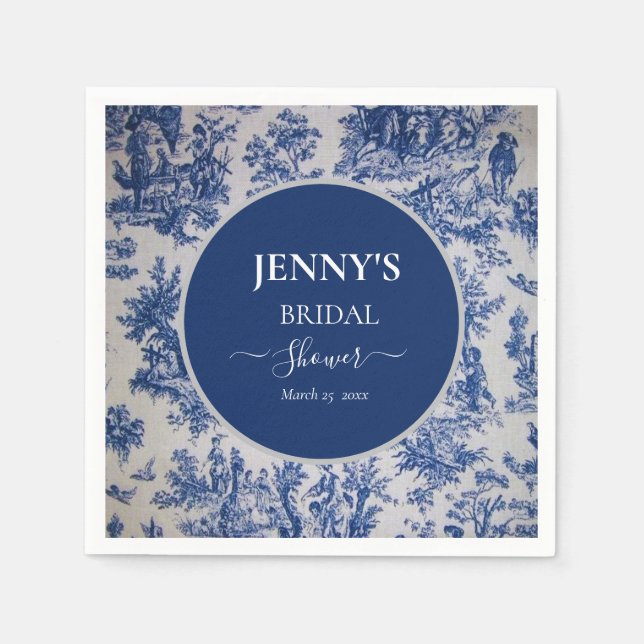 French Toile de Jouy Blue and White Bridal Shower Napkin (Front)