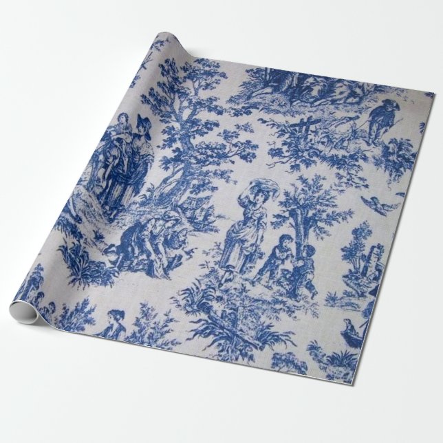French toile de jouy blue and white decoupage wrapping paper (Unrolled)