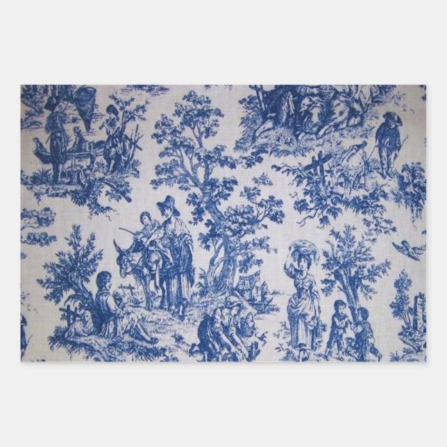 French toile de jouy blue and white decoupage wrapping paper sheet (Front)