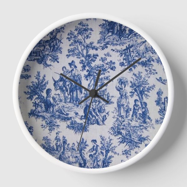 French toile de jouy blue and white elegant clock (Front)