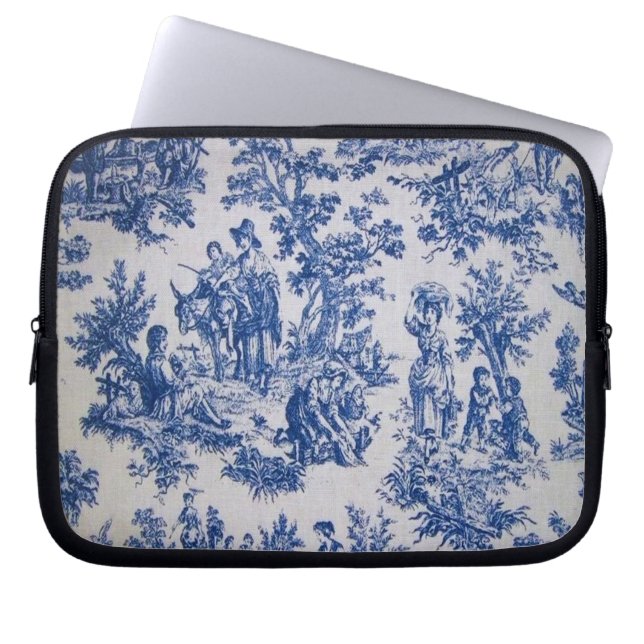 French toile de jouy blue and white elegant laptop sleeve (Front)