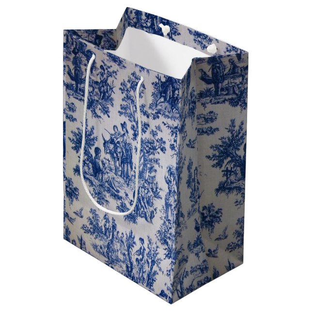 French toile de jouy blue and white elegant medium gift bag (Front Angled)