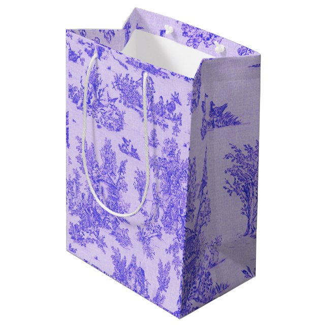French toile de jouy blue and white elegant medium gift bag (Back Angled)