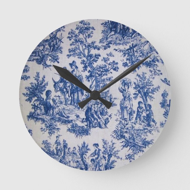French toile de jouy blue and white elegant round clock (Front)