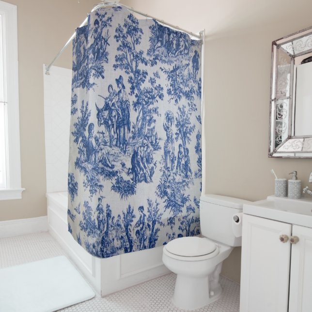 French toile de jouy blue and white elegant shower curtain (In Situ)