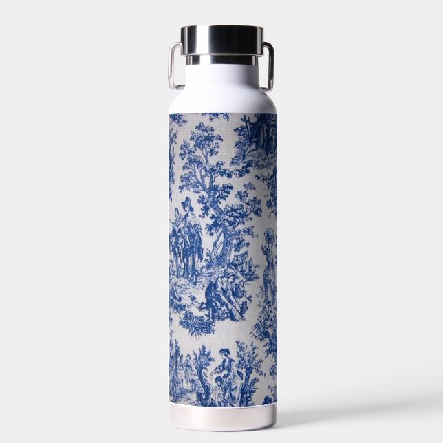 French toile de jouy blue and white elegant water bottle (Front)