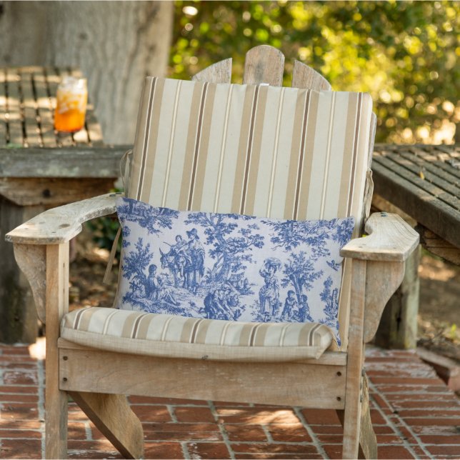 French toile de jouy blue and white patio outdoor lumbar cushion (Chair)