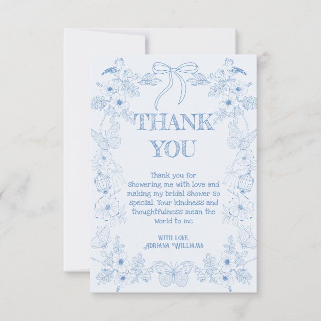 French Toile De Jouy Blue Flora Bridal Shower Thank You Card (Front)
