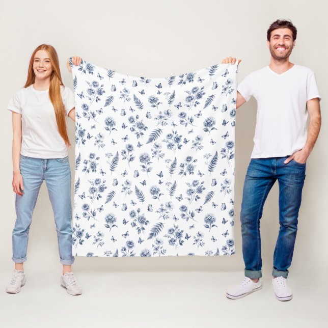 French Toile de jouy blue pattern Chinoseirie Fleece Blanket (In Situ)