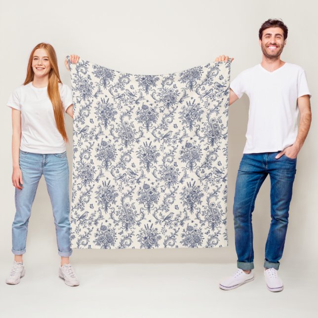 French Toile de jouy blue pattern Chinoseirie Fleece Blanket (In Situ)