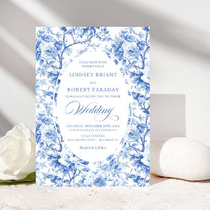 French Toile de Jouy Blue Roses Elegant Wedding Invitation