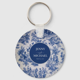 French Toile de Jouy Blue White Elegant Wedding  Key Ring
