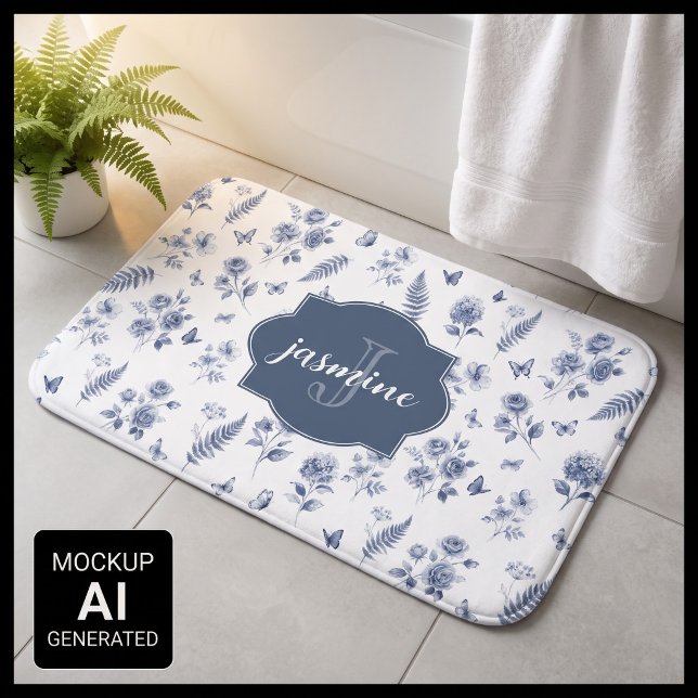 French Toile de jouy Monogram Name Blue Pattern Bath Mat (Creator Uploaded)