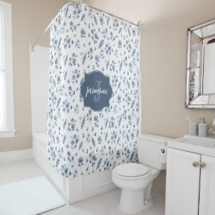 French Toile de jouy Monogram Name Blue Pattern Shower Curtain