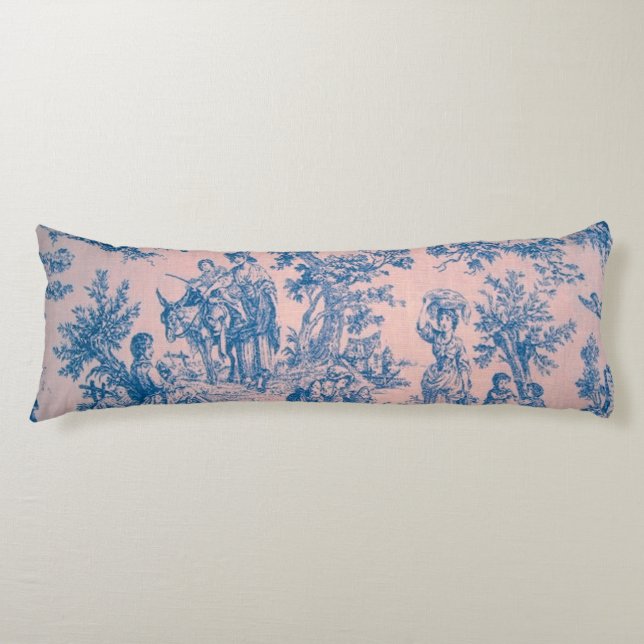 French toile de jouy pink and blue elegant body cushion (Front)