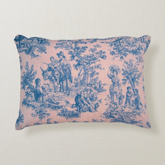 French toile de jouy pink and blue elegant decorative cushion (Front)