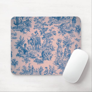 French toile de jouy pink and blue elegant mouse mat