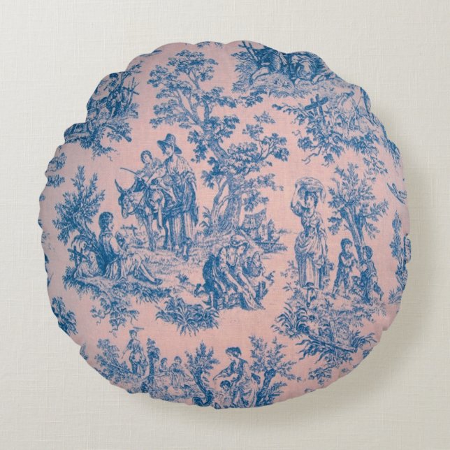 French toile de jouy pink and blue elegant round cushion (Front)