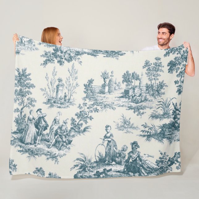French toile de jouy sage green elegant fleece blanket (In Situ)