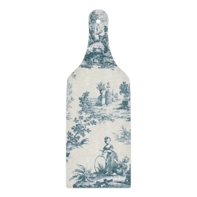 French toile de jouy sage green elegant glass cutting board (Front)