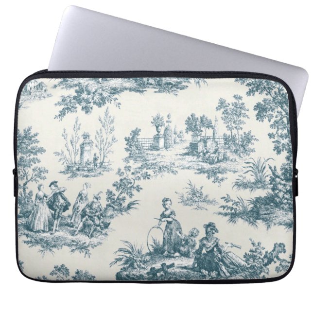 French toile de jouy sage green elegant laptop sleeve (Front)