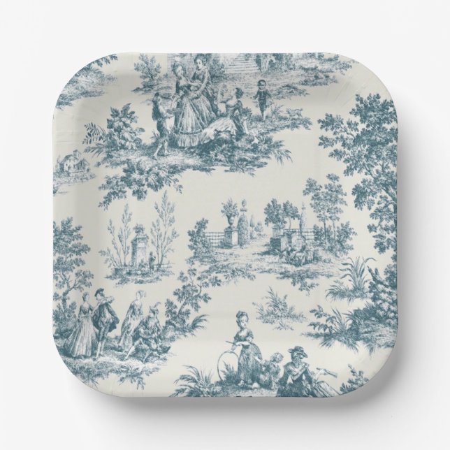 French toile de jouy sage green elegant paper plate (Front)