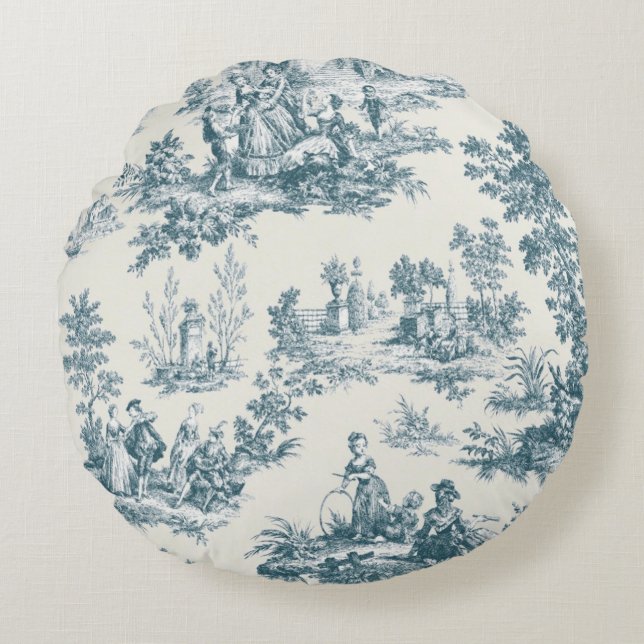 French toile de jouy sage green elegant round cushion (Front)