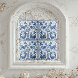 French Toile De Juoy Pastoral Rustic Country Blue Tile