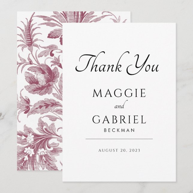French Toile Dusty Rose Floral Wedding Thank You Card (Front/Back)