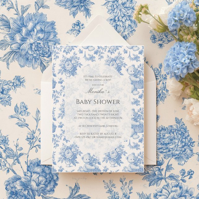 French Toile Floral Bear Baby Shower Invitation (Creator Uploaded)
