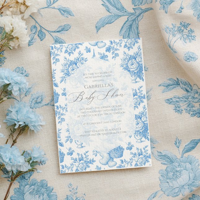 French Toile Floral Bear Baby Shower Invitation (Creator Uploaded)