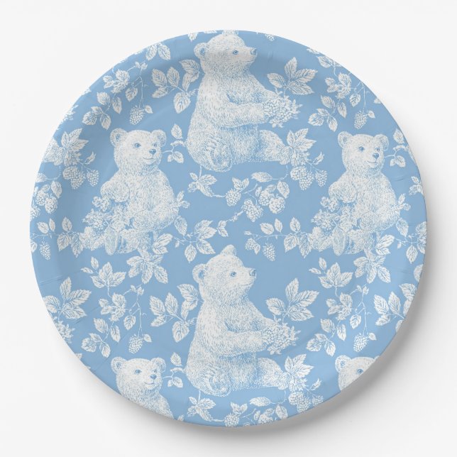 French Toile Floral Bear Baby Shower Paper Plate (Front)