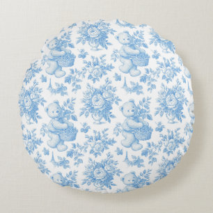 French Toile Floral Bear Baby Shower Round Cushion