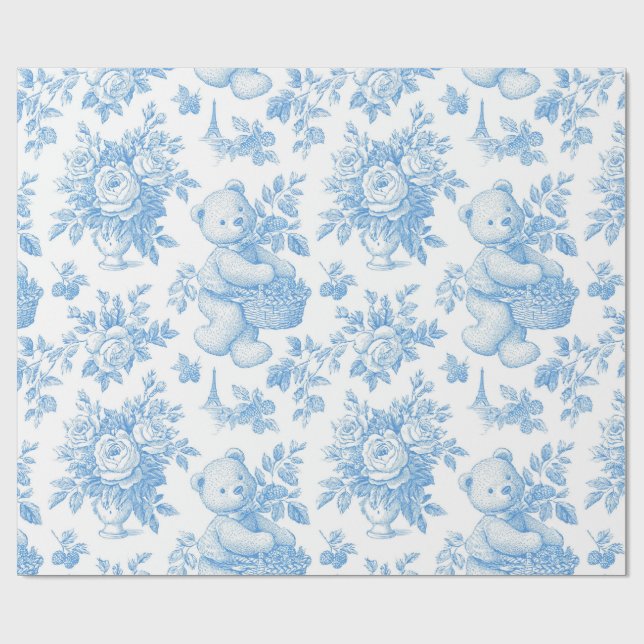 French Toile Floral Bear Wrapping Paper (Flat)