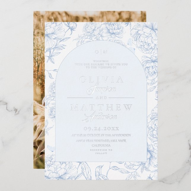 French Toile Floral Blue Wedding  (Front/Back)