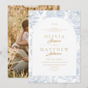 French Toile Floral Blue Wedding Invitation