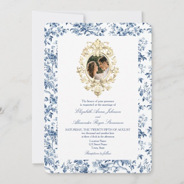 French Toile Floral Dusty Blue Photo Wedding Invitation (Front)