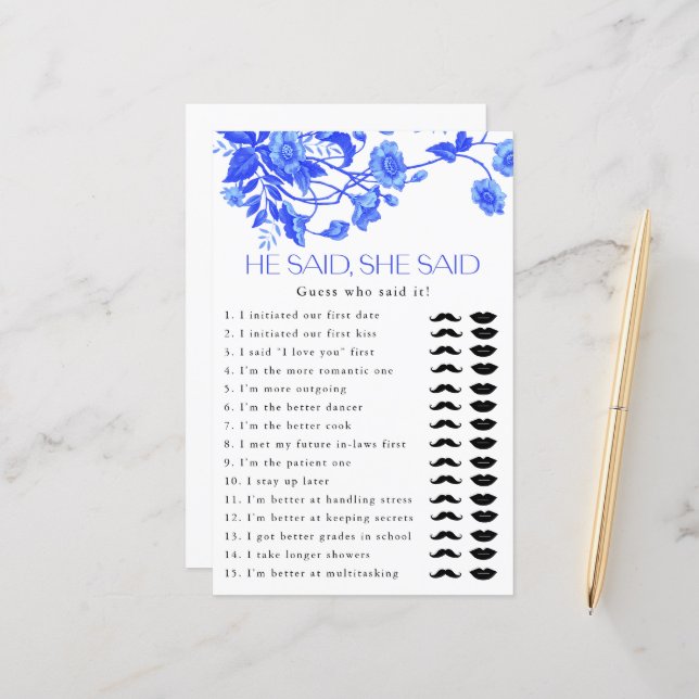 French Toile Floral He Said She Said Bridal Game (Front/Back In Situ)