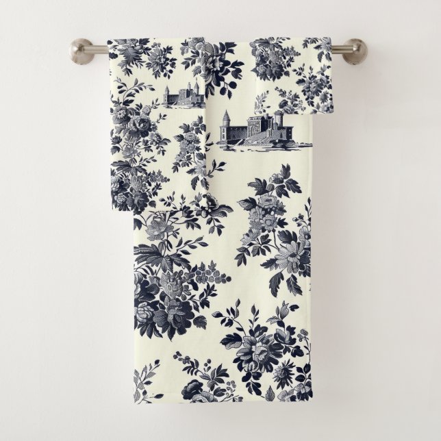 French Toile Floral Pattern Bath Towel Set (Insitu)
